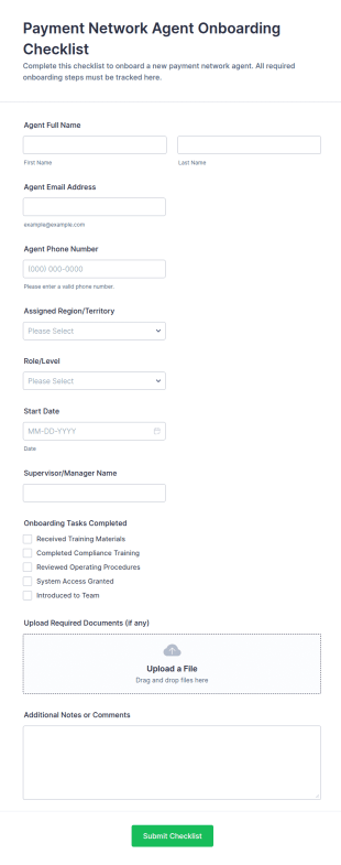Payment Network Agent Onboarding Checklist Form Template
