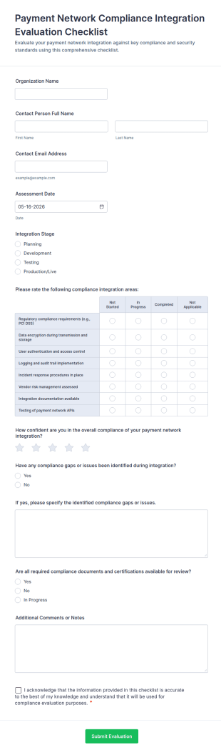 Payment Network Compliance Integration Evaluation Checklist Form Template