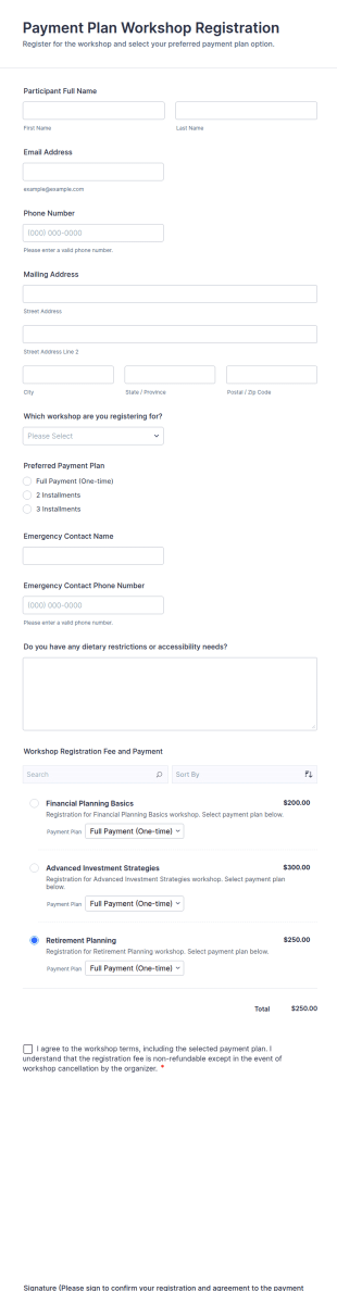 Payment Plan Workshop Registration Form Template