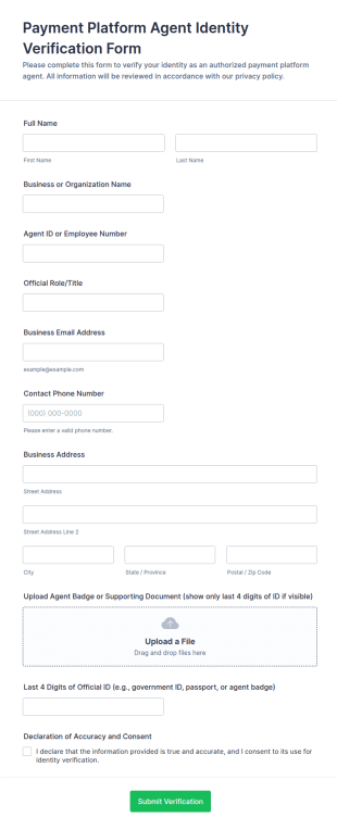 Payment Platform Agent Identity Verification Form Template