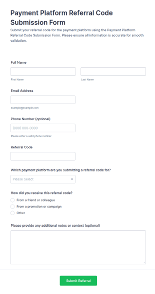Payment Platform Referral Code Submission Form Template