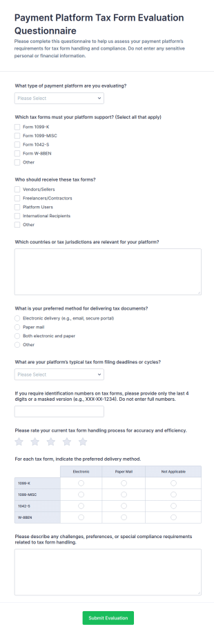 Payment Platform Tax Form Evaluation Questionnaire