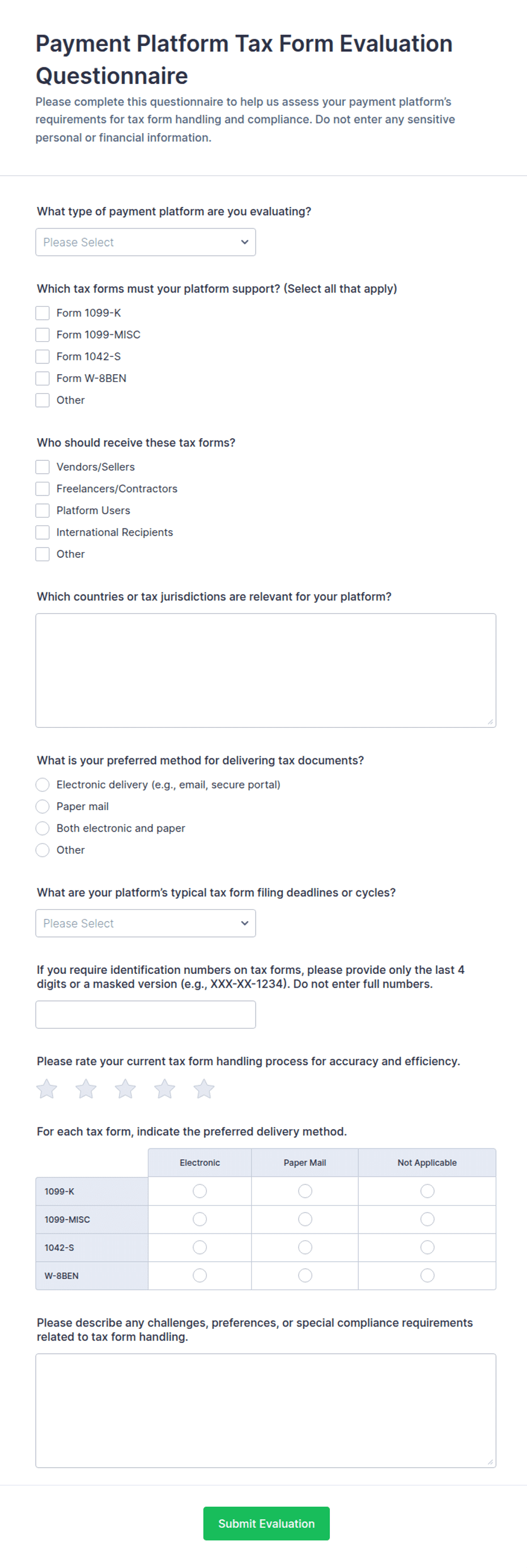 Payment Platform Tax Form Evaluation Questionnaire | Jotform