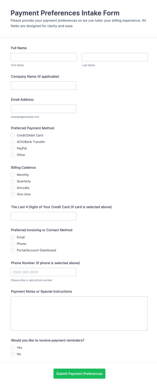 Payment Preferences Intake Form Template