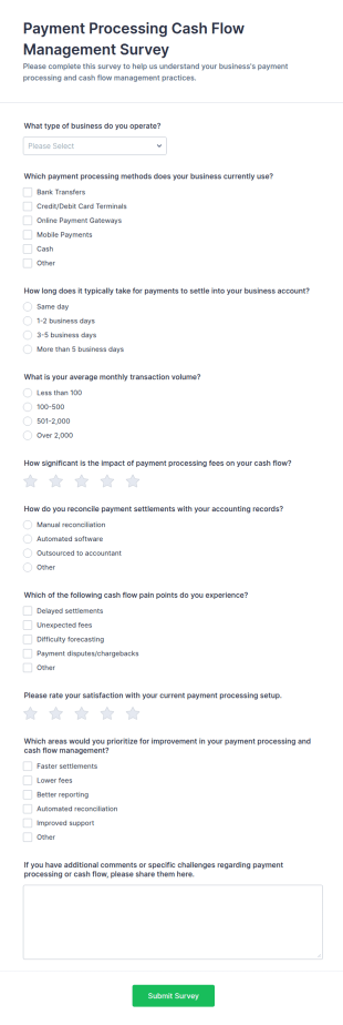 Payment Processing Cash Flow Management Survey Form Template