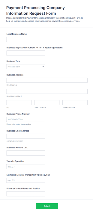 Payment Processing Company Information Request Form Template