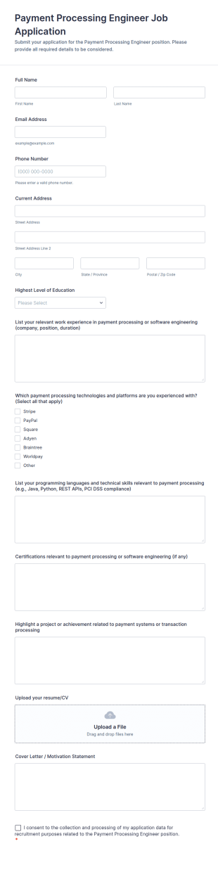 Payment Processing Engineer Job Application Form Template