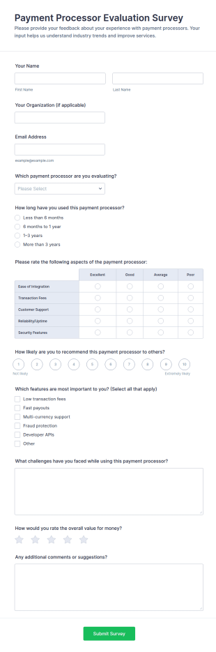 Payment Processor Evaluation Survey Form Template