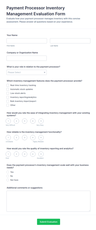Payment Processor Inventory Management Evaluation Form Template