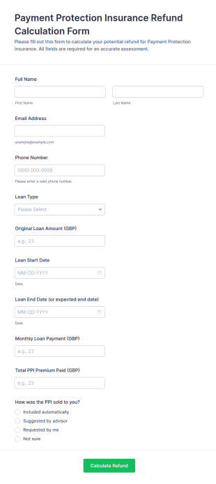 Payment Protection Insurance Refund Calculation Form Template