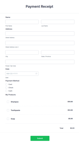 Payment Receipt Form Template