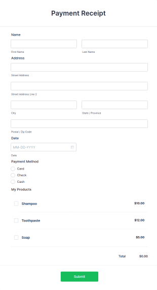 Payment Receipt Form Template