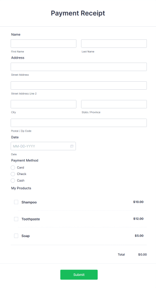 Payment Receipt Form Template