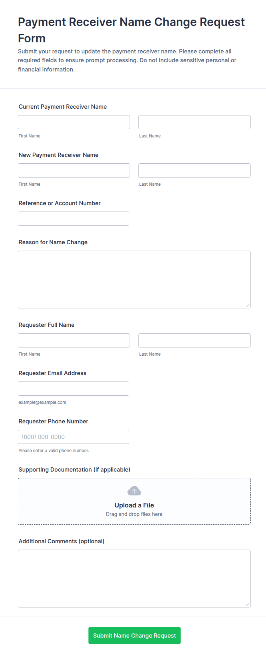 Payment Receiver Name Change Request Form Template | Jotform