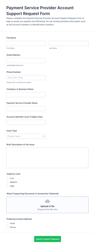 Payment Service Provider Account Support Request Form Template