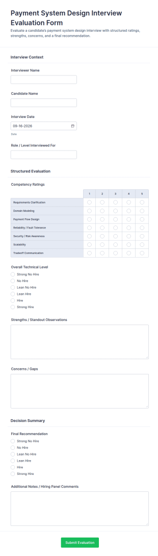 Payment System Design Interview Evaluation Form Template