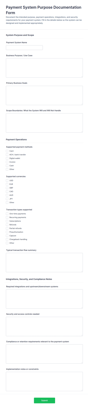 Payment System Purpose Documentation Form Template