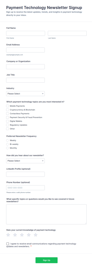 Payment Technology Newsletter Signup Form Template