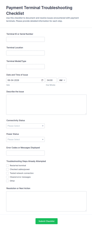 Payment Terminal Troubleshooting Checklist Form Template