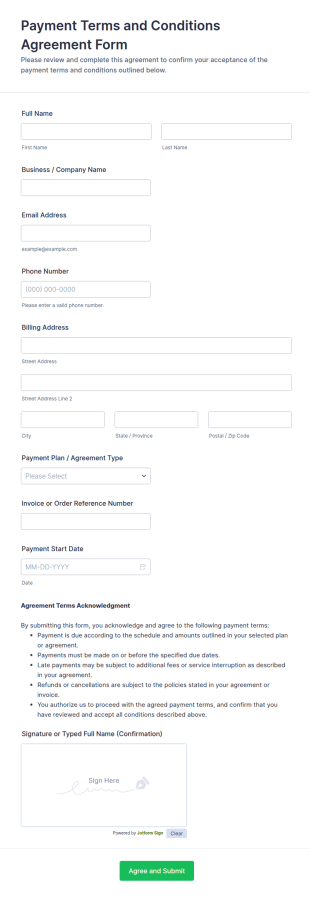 Payment Terms And Conditions Agreement Form Template