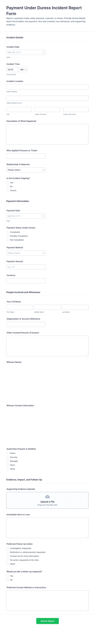 Payment Under Duress Incident Report Form Template