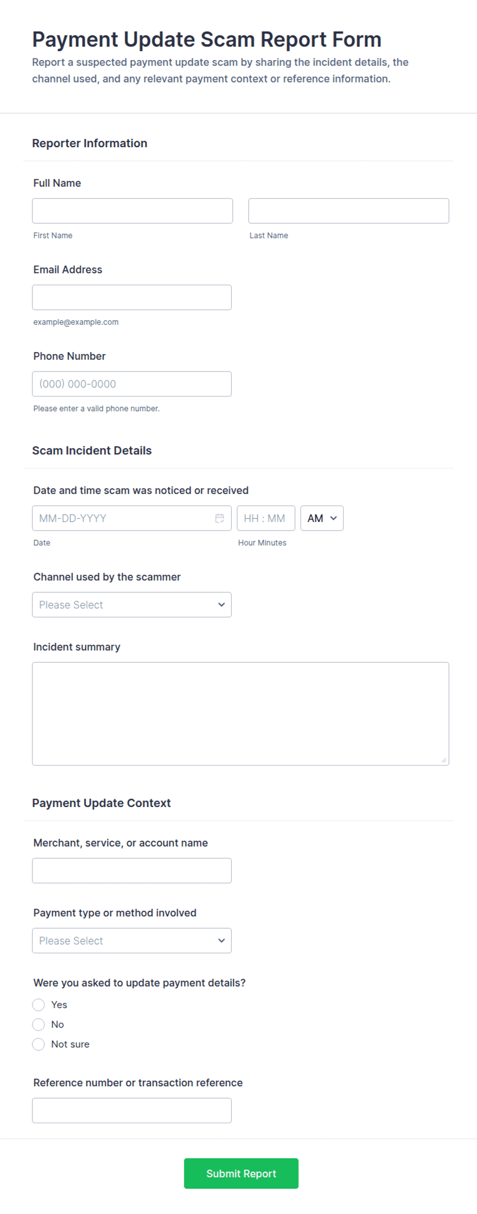 Payment Update Scam Report Form Template | Jotform