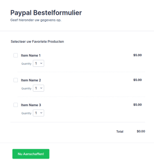 Paypal Bestelformulier