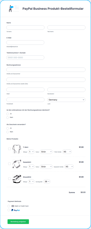 PayPal Business Produkt Bestellformular