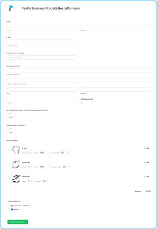 PayPal Business Produkt Bestellformular Form Template