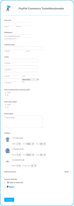 PayPal Business Tuotetilauslomake