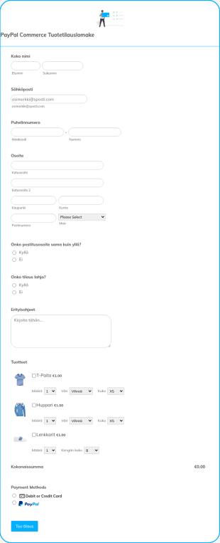 PayPal Business Tuotetilauslomake