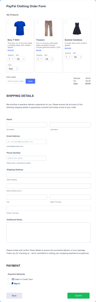 PayPal Clothing Order Form Template