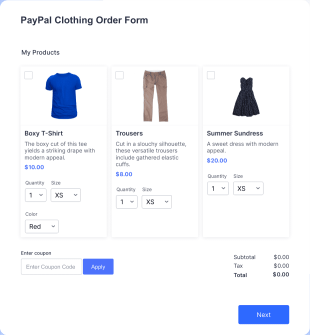 PayPal Clothing Order Form Template