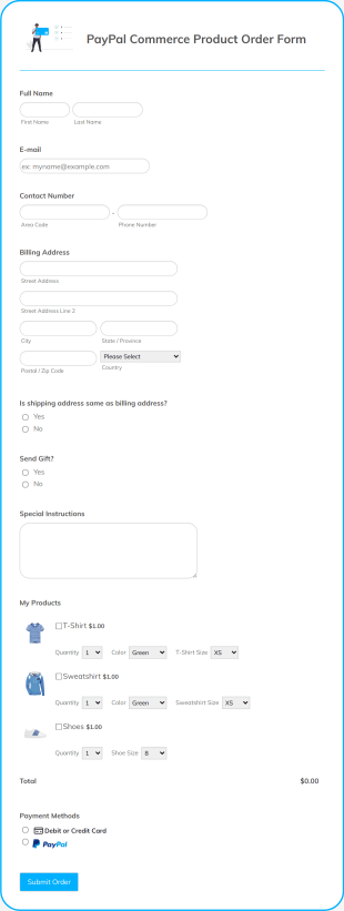 PayPal Business Product Order Form Template