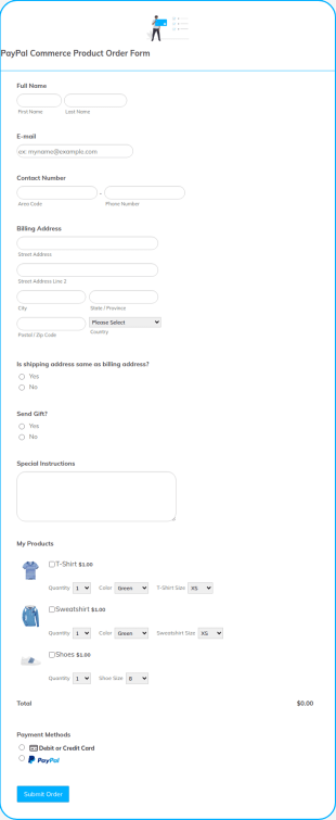 PayPal Business Product Order Form Template