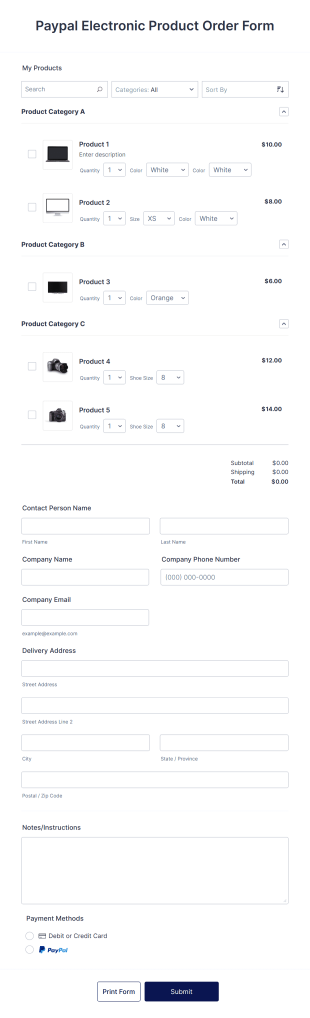 Paypal Electronic Product Order Form Template