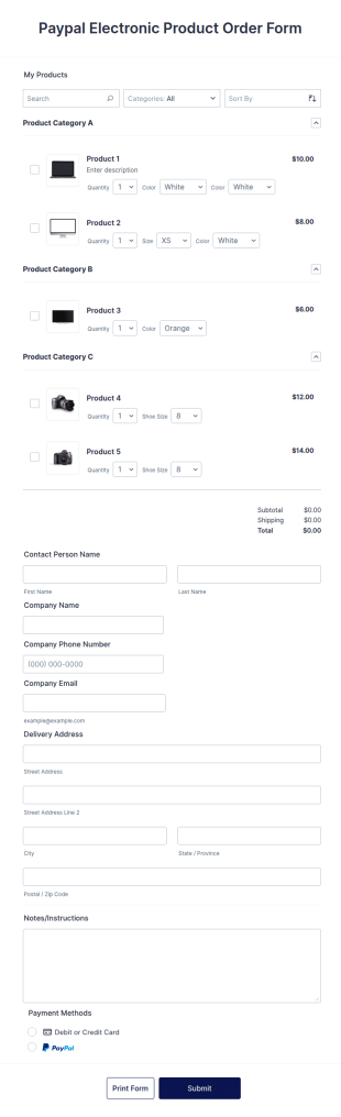 Paypal Electronic Product Order Form Template