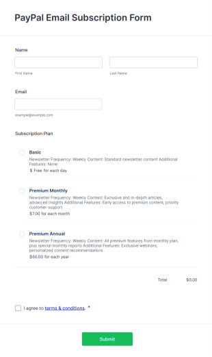 PayPal Email Subscription Form Template