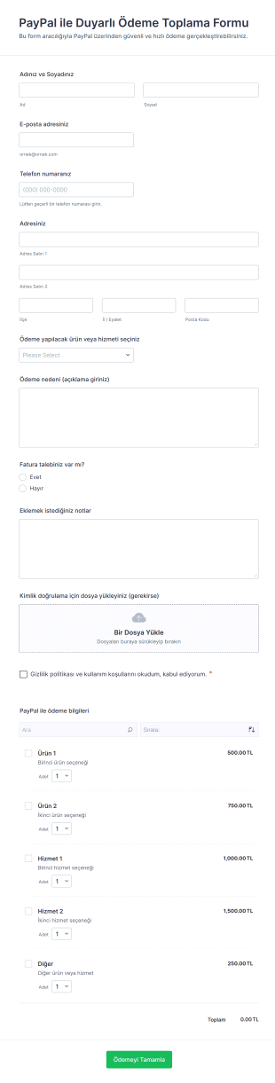 PayPal Ile Duyarlı Ödeme Toplama Form Şablonu