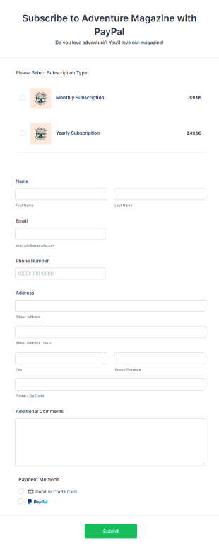 PayPal Magazine Subscription Form Template