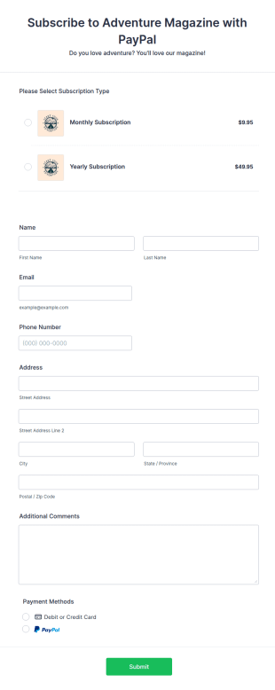 PayPal Magazine Subscription Form Template