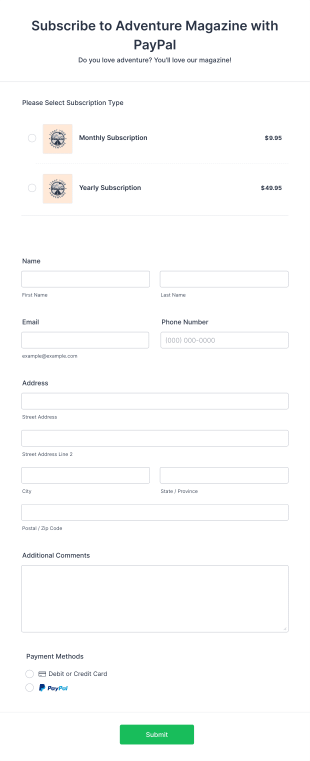 PayPal Magazine Subscription Form Template