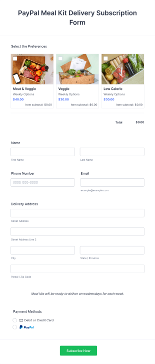 PayPal Meal Kit Delivery Subscription Form Template