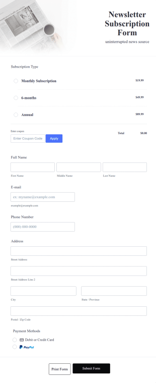 PayPal Newsletter Subscription Form Template