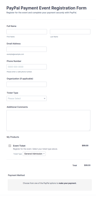 PayPal Payment Event Registration Form Template