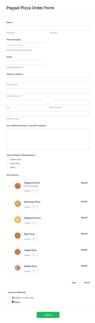Paypal Pizza Order Form Template