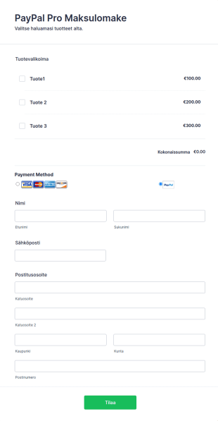 PayPal Pro Maksulomake