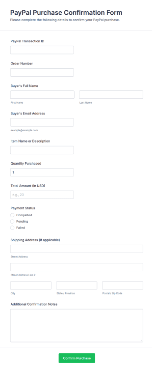 PayPal Purchase Confirmation Form Template