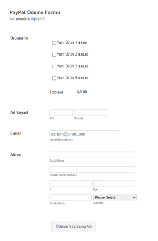 PayPal Sipariş Form Şablonu