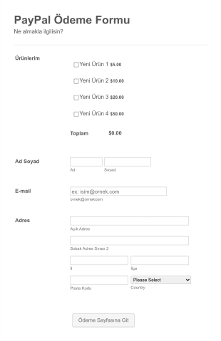 PayPal Sipariş Form Şablonu